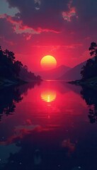 Crimson sun dips below horizon, mirrored in glassy lake surface, sunset, calm