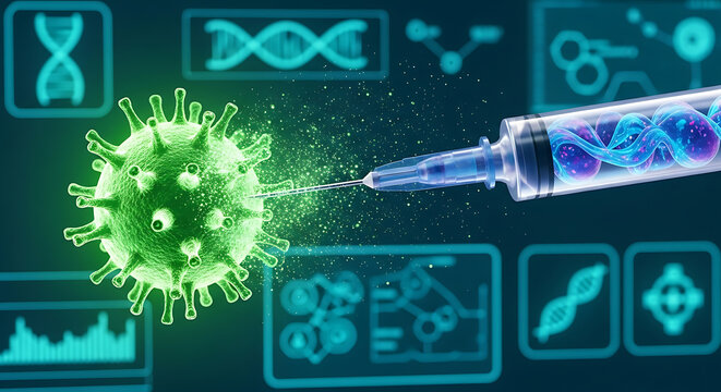 Syringe injecting vaccine into a virus, combating disease with medical science.