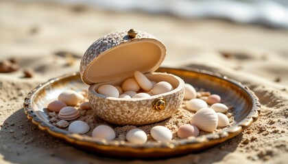 seashell trinket box on sandy tray, summer, no people, no text, no logo