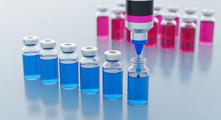 Blue liquid being dispensed into glass vials from a nozzle dispensing filling