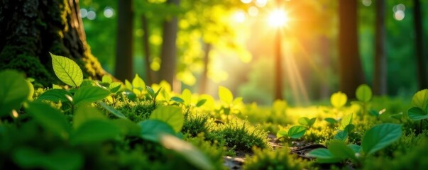 Obraz premium Golden sunbeam filters through lush green leaves, illuminating forest floor, woodland, golden