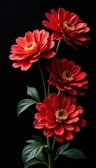 Obraz premium Red & gold chrysanthemums, black background; elegant Japanese floral arrangement , closeup, element