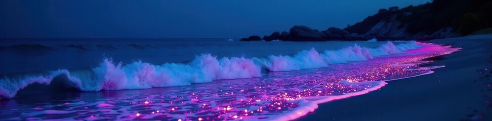 Naklejka premium Rolling bioluminescent waves illuminate the shoreline , nature, magical, shore