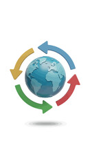 Naklejka premium A globe is surrounded by four colorful arrows forming a circular recycling or rotation concept on a white background.