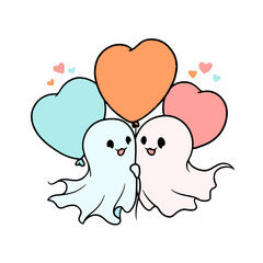 Adorable cartoon ghosts float with heart balloons in a cute and whimsical arrangement perfect for branding and creative projects.