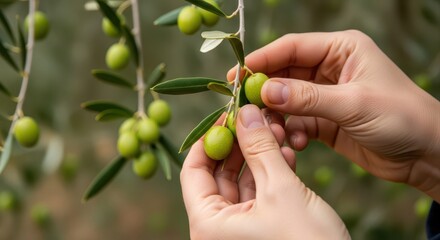 Fototapeta premium Hands gently picking fresh green olives from a branch in an olive grove