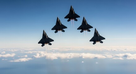 Squadron of five advanced stealth fighter jets in synchronized vertical climb