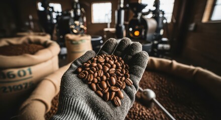 Freshly roasted coffee beans held in a gloved hand at a coffee roasting factory