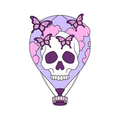 A whimsical hot air balloon graphic featuring a skull and butterfly design, perfect for fantasy art or decorative prints.
