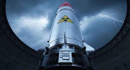 Colossal intercontinental ballistic missile with nuclear symbol in silo under stormy sky