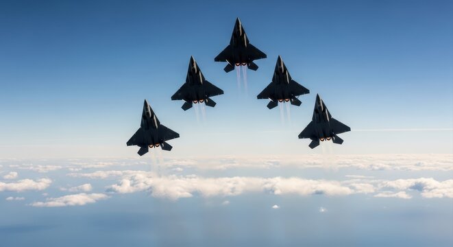 Squadron of five advanced stealth fighter jets in synchronized vertical climb
