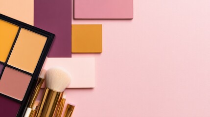 Flat lay of a makeup palette with brushes and color swatches on a soft pink background, ideal for beauty blogs