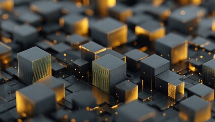 Dense field of dark gray cubes, some subtly glowing gold and green, suggesting a technological or abstract cityscape