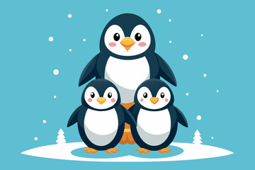 Cartoon penguin family with snow falling in the background isolated on white background