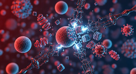 Digital illustration depicting two coronavirus cells connected by a bright light beam, surrounded by DNA strands and digital graphs on a dark background.