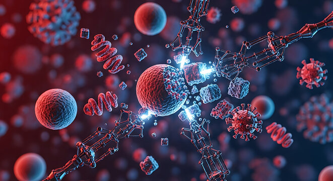 Digital illustration depicting two coronavirus cells connected by a bright light beam, surrounded by DNA strands and digital graphs on a dark background.