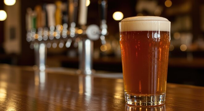 A glass of light amber beer sits on a bar top, in front of a row of beer taps.  Blurred background of the bar