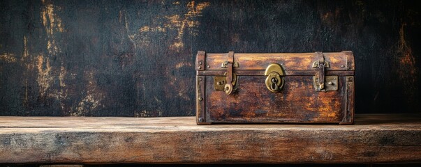 A weathered antique wooden chest sits on a rustic wooden shelf