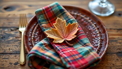 plaid napkin with leaf trinket, thanksgiving, no people, no text, no logo