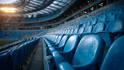 Fototapeta premium Rows of empty blue stadium seats in VIP area. Arena seating for football match or soccer game. Spectators await event in comfortable, exclusive luxury venue.