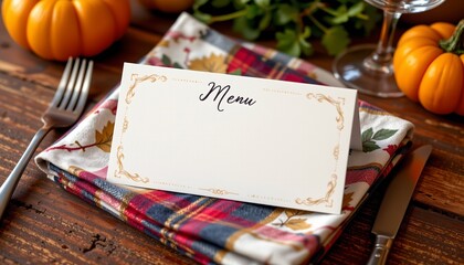 blank menu card on plaid napkin, thanksgiving, no people, no text, no logo