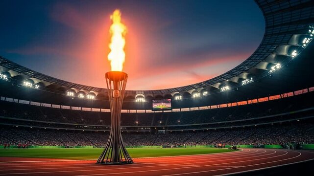 Olympic Torch Illuminating Stadium at Sunset