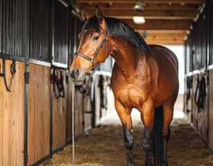 Brown horse in stable aisle