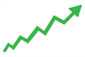 A vibrant green upward-trending arrow graph with sharp zigzag movements indicating growth progress and positive financial performance on a clean white background