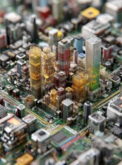 Obraz premium Miniature cityscape meticulously crafted atop a circuit board, showcasing translucent amber and red buildings against green circuitry