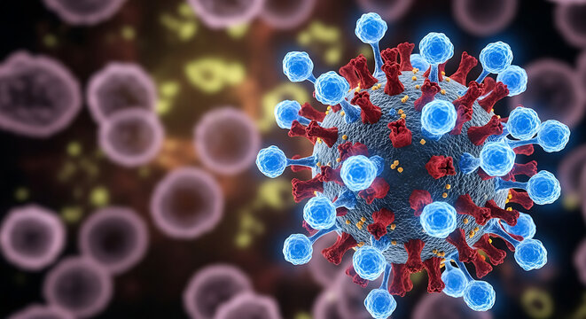 A detailed 3D illustration of a coronavirus particle with spike proteins floating among red blood cells.