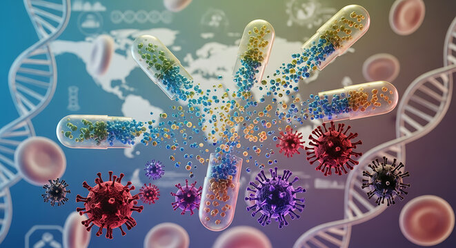 Medical capsules dissolving amidst viruses, red blood cells, and DNA strands, illustrating health and disease.