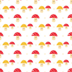 Cute and fun cartoon seamless pattern with mushrooms, clouds, and flowers, perfect for a baby or kids' wallpaper design