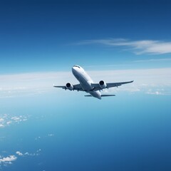 Obraz premium Passenger jet airplane in flight, soaring at high altitude over the ocean against a clear blue sky. Aviation and travel background.