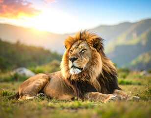 Obraz premium Majestic lion rests in grassy savanna at sunset