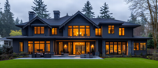 Beautiful twilight exterior of modern farmhouse luxury home, rustic yet contemporary architecture with glowing lights, stylish residential design concept for real estate and architecture visuals