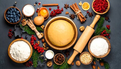 Overhead view of baking ingredients arranged symmetrically for cooking preparation and culinary recipe concept in flat lay style.

