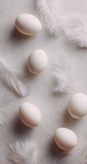 Five pristine white eggs scattered amongst delicate white feathers on a light textured background, creating a minimalist, airy composition