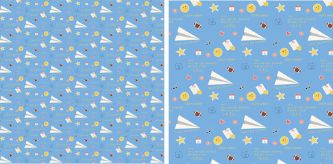 back to school pattern with paper planes, smiley faces, stars, notebooks, and motivational quotes on a blue background. Ideal for commercial use in education, stationery, and packaging.
