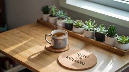 Green reset concept showing wellbeing with succulents and a cup of tea