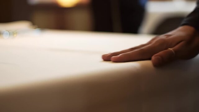 Low Angle View of Hand Brushing White Tablecloth Creases with Delicate Precision Before Inspection Demonstrating Event Planning Skills Hotel Restaurant Ambiance Neat Arrangement Service Hospitality