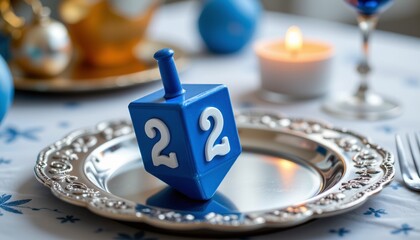 blue and white dreidel on silver tray, hanukkah, no people, no text, no logo