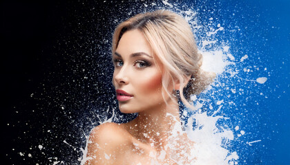 Portrait of a blonde woman with water splash effect on a black and blue gradient background image