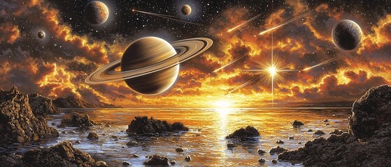 Rare celestial alignment of planets in the night sky with a massive ringed planet and its moons visible accompanied by shooting stars and cosmic clouds