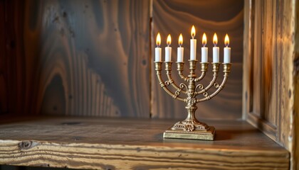 menorah trinket on wood shelf, hanukkah, no people, no text, no logo