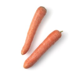 Top view of two whole carrots isolated on white background. Square image.