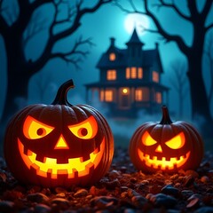 Glowing Jack-o'-Lanterns with Spooky Haunted House Halloween Night Scene