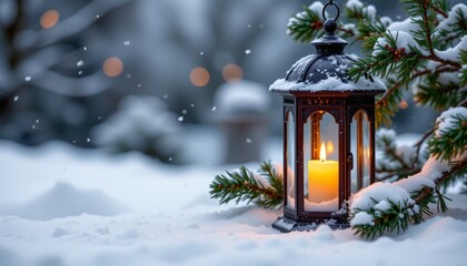 candle lantern with pine branch, winter, no people, no text, no logo