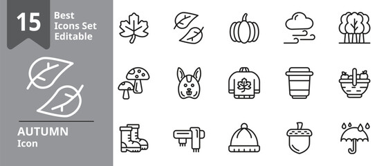 Set of Autumn icons. Icons Contains scarf, boots, harvest, apple, mushroom, etc . Design elements for you projects. Editable stroke vector illustration.