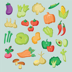 Healthy food doodles illustration set. Colorful delivery cafe and restaurant icons. Set vector illustration doodles of food, fruits and vegetables beverage for invitations, menus and parties. 