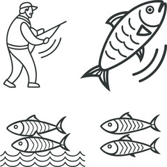Icon of man fishing and many fish for graphic desing.eps